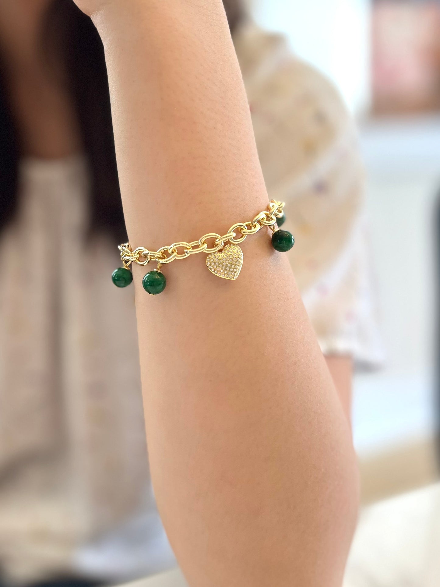 Yellow Gold Charm Bracelet with Jade Beads