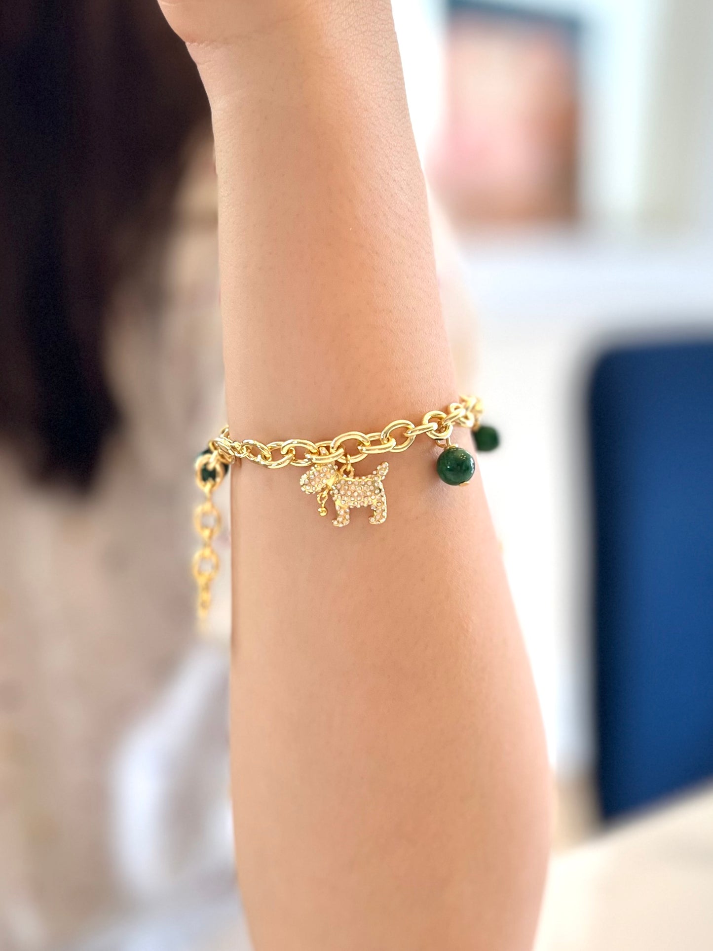 Yellow Gold Charm Bracelet with Jade Beads