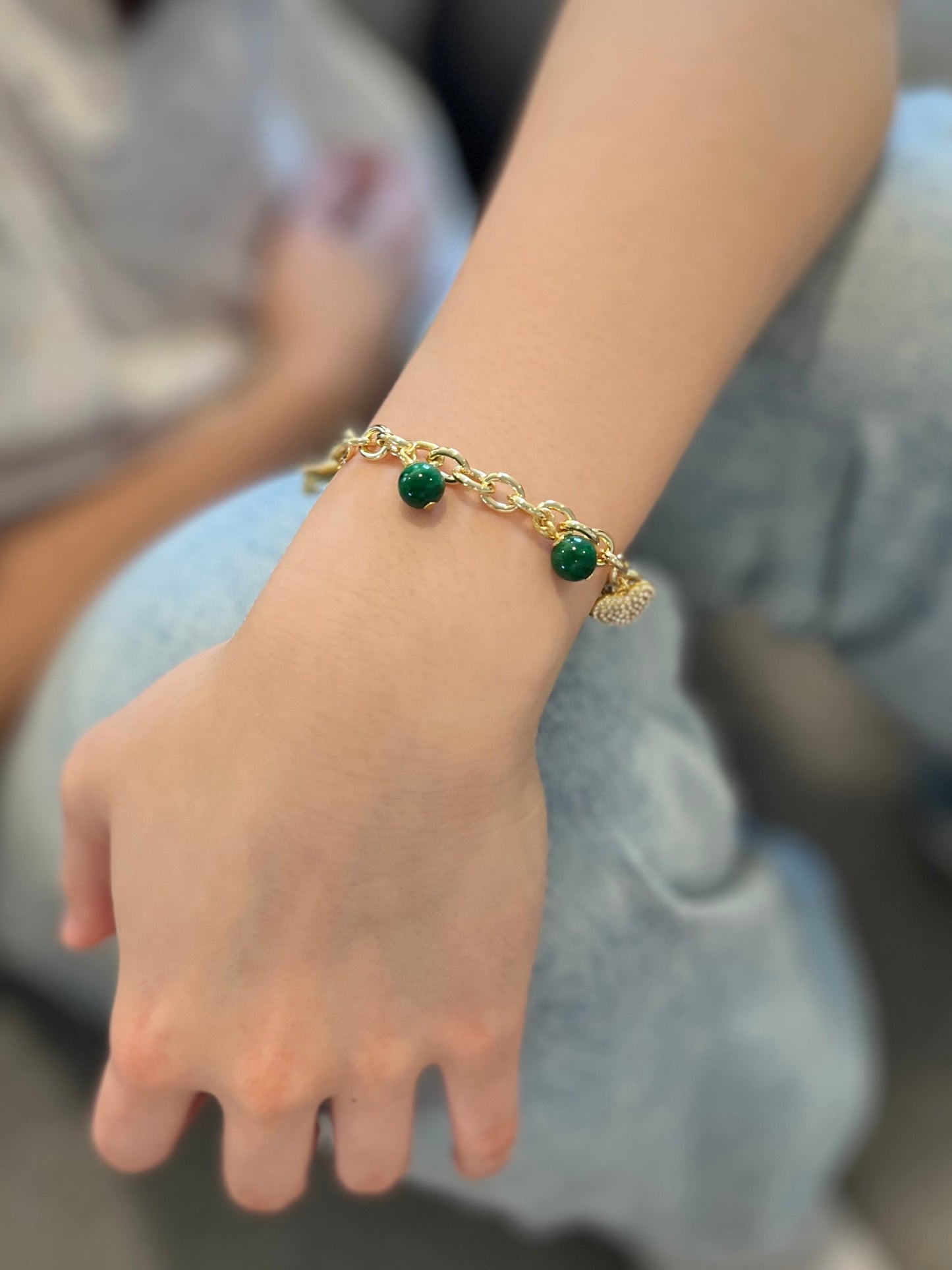 Yellow Gold Charm Bracelet with Jade Beads