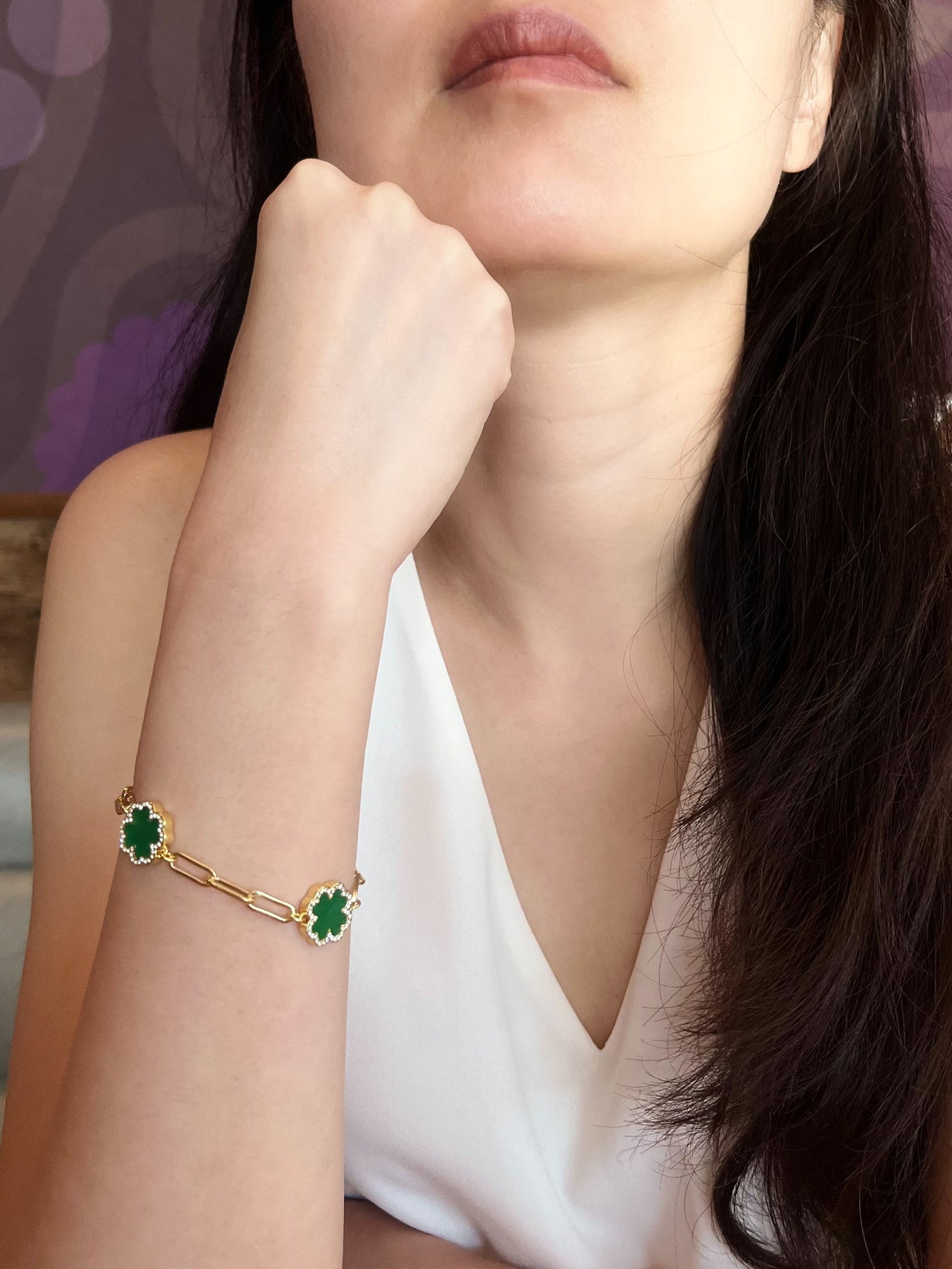 Yellow Gold Clover Leaf Jade Bracelet